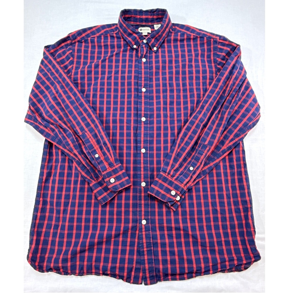Haggar Mens XL Long Sleeve Button Down Shirt Red Navy Blue Plaid‎ 100% Cotton